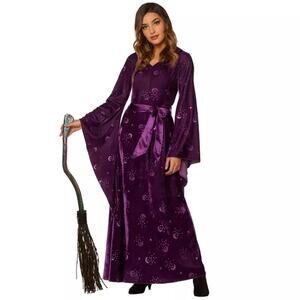 Purple Velvet Celestial Stars Moons Hooded Robe Witch Wizard Maxi Dress SZ L/XL